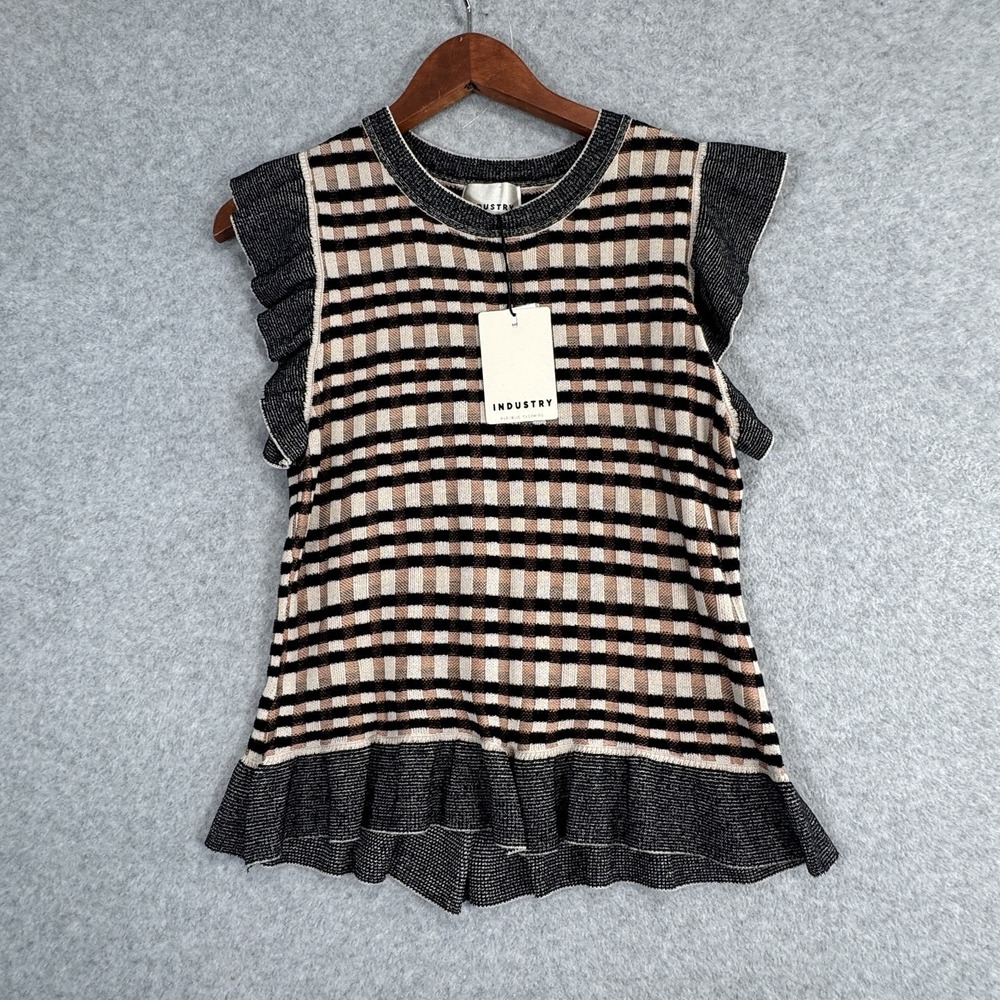 Industry Jacquard Knit‎ Top Size Large NWT Plaid Flutter Sleeve $88 MSRP